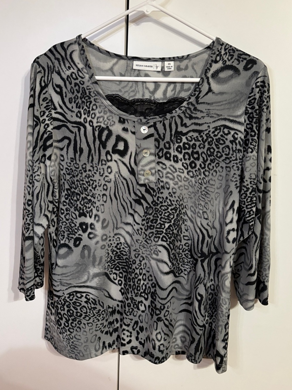 Susan Graver Black and Gray Animal Print Henley - Picture 1 of 5
